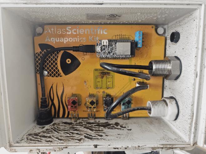 Der geöffnete Sensorkasten am Lahnfenster: auf der gelben Platine des Atlas Scientific Aquaponics Kit sitzen ein Mikrocontroller und mehrere Sensormodule, einige davon korrodiert; im Deckel hängen Wassertropfen, der Boden ist mit Schlamm verschmiert
