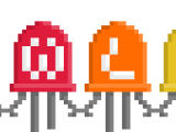 WLED-Logo als Pixel-Art: ein blauer Mikrocontroller mit USB-Stecker, verkabelt mit vier bunten LEDs, die die Buchstaben W, L, E und D tragen